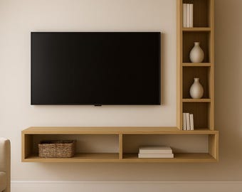 Made in US Wall Mounted Entertainment Unit with Bookshelves | Contemporary Floating Media Cabinet | Wooden TV Wall Storage in Oak or Walnut