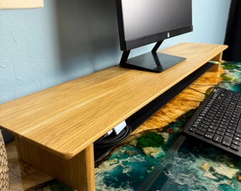 Soporte para monitor con estante de escritorio y almacenamiento, elevador de monitor de escritorio, estante de madera para monitor con bandeja, cajones para soporte de monitor, soporte elevador para dos monitores