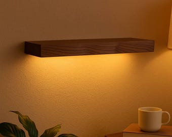 Schwebendes Regal mit LED-Licht, schwebende Walnuss-Regale, benutzerdefinierte Holzregale, Massivholz-Wand-Bücherregal für Wohnzimmer, Schlafzimmer, Büro