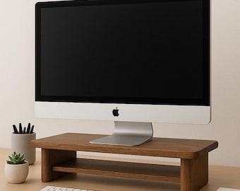 Estante de escritorio de madera con soporte para monitor con almacenamiento y bandeja, elevador para oficina en casa, soporte de monitor de madera maciza con estante, muebles de oficina en casa