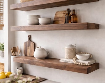 Walnut Floating Shelves Made in USA, Hallway Decor Shelf, Solid Wood Entryway Wall Shelves, Rustic Modern Home Decor, Office Decor