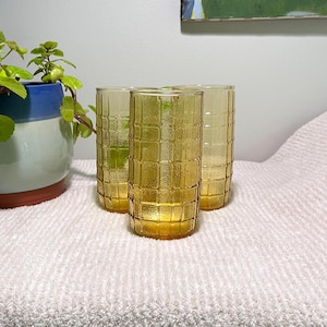 Set of 3 Vintage Anchor Hocking Amber Square Grid Tumblers