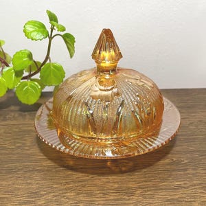 Vintage Jeannette Glass Iris and Herringbone Butter Dish with Lid – Iridescent Peach Marigold – 1930s Depression Glass