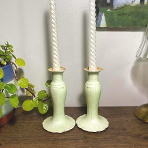 Antique Limoges Porcelain Candlestick Holders: Pale Green & Gold, 1890s-1910s
