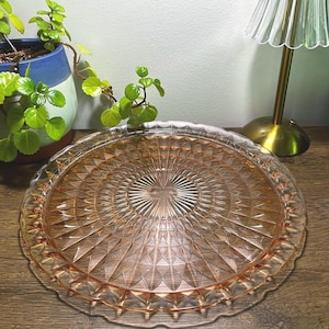 Vintage 1930s Jeannette Windsor Pink Depression Glass Cake Plate – 13.5&quot; Elegant Serving Platter