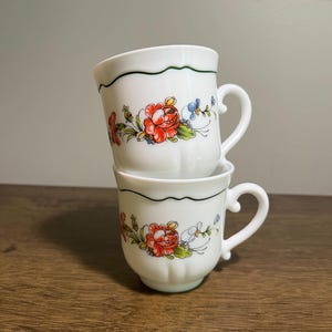 Vintage Arcopal France Milk Glass Mugs: Provincial Floral Tea Cups, Set of 2