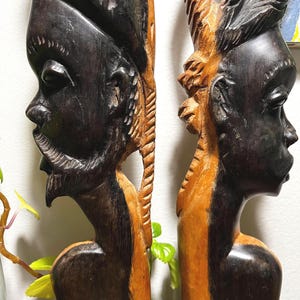 Pair of Vintage African Hand-Carved Wood Busts – 15&quot; Tall Male & Female Figures, Two-Tone Finish