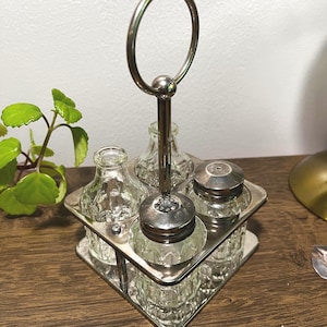 Mid-Century Glass Cruet Set: Etched Chrome Caddy, Oil & Vinegar Bottles, 1950s Kitchen