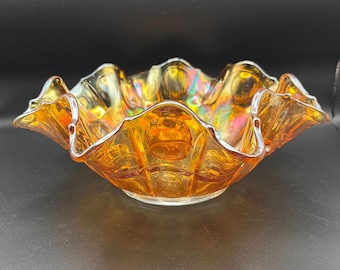 Imperial Carnival Glass Thumbprint Bowl – Marigold Ruffled Edge 9"