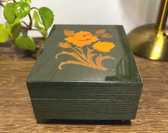 Vintage Reuge Swiss Music Box: Green Wood Floral Inlay, Plays "Nadia"