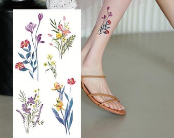 Tatuajes temporales de flores coloridas, rama de lavanda, loto, flor, lirio, hoja, boceto dibujado a mano, cuerpo, cintura, brazo, pierna, tatuaje temporal FSF6