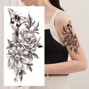 Black Flowers Butterfly Temporary Tattoos Peony Flower Leaf Black Hand Drawn Sketch Body Waist Arm Neck Leg Temporary Tattoo FSF6