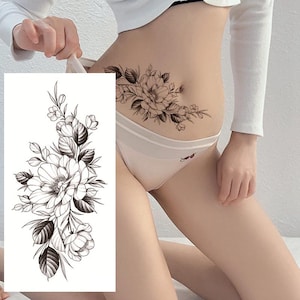 Tatuagens temporárias de flores e peônias, flor de peônia, folha, desenho preto à mão, corpo, barriga, cintura, braço, pescoço, perna, tatuagem temporária FSF6