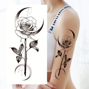 Crescent Moon Rose Flowers FTemporary Tattoos Flower Moon Flower Black Hand Drawn Sketch Body Waist Arm Neck Leg Temporary Tattoo FSF6