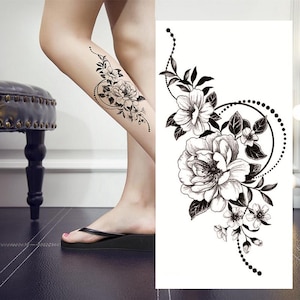 Crescent Moon Flower Camellia Temporary Tattoos Flower Moon Flower Black Hand Drawn Sketch Body Waist Arm Neck Leg Temporary Tattoo FSF6