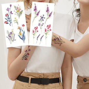 Tatuagens temporárias de flores coloridas, galhos de lavanda, lótus, flor, lírio, folha, esboço desenhado à mão, corpo, cintura, braço, perna, tatuagem temporária FSF6