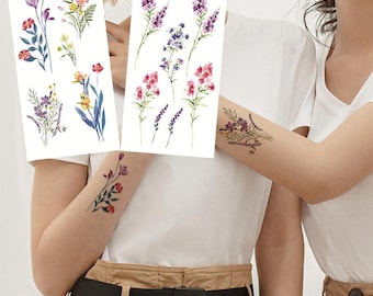Tatuaje temporal de rama de flores coloridas, loto lavanda, lirio, boceto, diseño floral FSF6