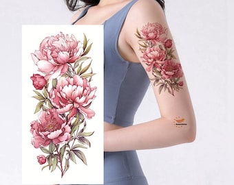 Pivoine rose tatouage temporaire fleur rose feuille verte croquis floral design FSF6