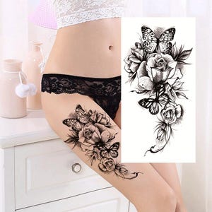 Black Flowers Butterfly Temporary Tattoos Rose Peony Flower Leaf Hand Drawn Sketch Body Waist Arm Neck Leg Floral Tattoo FSF6