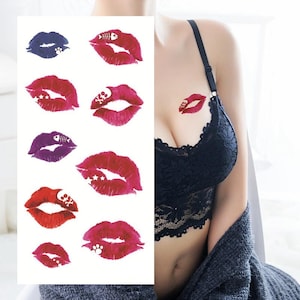 Sexy Red Lips Temporary Tattoos Lips Skull Fish Bones Stars Hand Drawn Sketch Body Arm Leg Temporary Tattoo FSF6