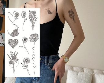 Tatuajes temporales de flores, luna creciente, margarita, hibisco, lirio, dibujo a mano, cintura, brazo, pierna, FSF6