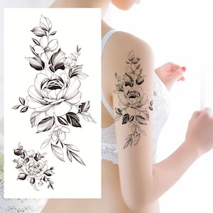 Tatuagens temporárias de flores e peônias, flor de peônia, folha, desenho preto à mão, corpo, barriga, cintura, braço, pescoço, perna, tatuagem temporária FSF6