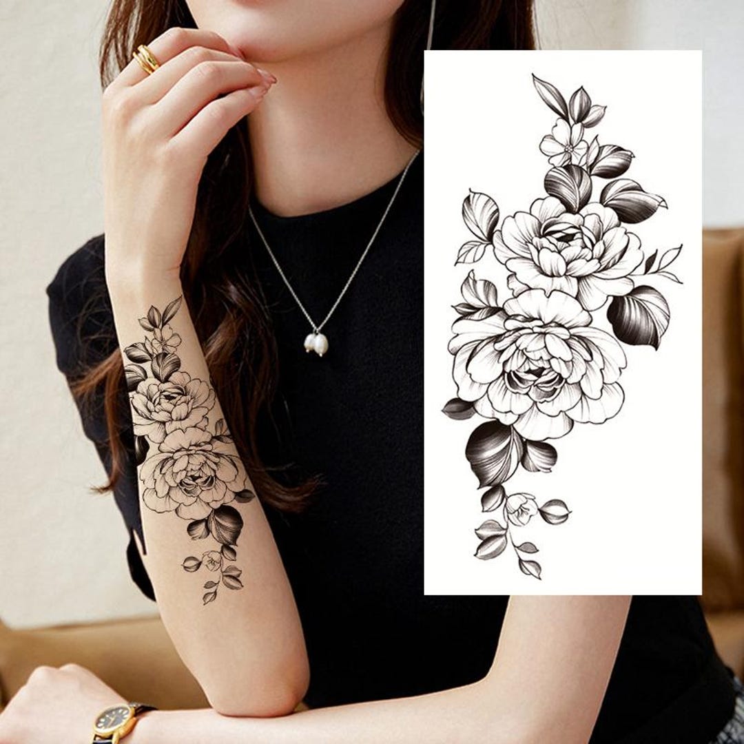 Black Flowers Peony Temporary Tattoos Peony Flower Leaf Black Hand Drawn Sketch Body Waist Arm Neck Leg Temporary Tattoo FSF6 - Etsy
