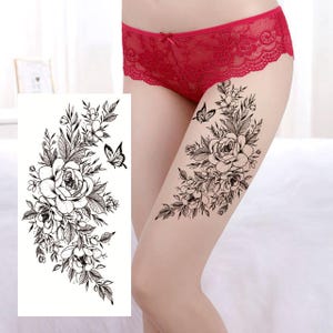 Black Flowers Peony Butterfly Temporary Tattoos Flower Leaf Black Hand Drawn Sketch Body Waist Arm Neck Leg Temporary Tattoo FSF6