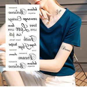 Letras Palavras Amor Sonho Fé Tatuagens Temporárias Palavra Inglesa Letra Preto Desenho à Mão Esboço Cintura Braço Pescoço Perna Tatuagem Temporária FSF6