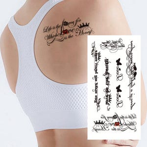 Tatuagens temporárias de letras, palavras, borboleta, coroa, palavra em inglês, letra, desenho à mão preta, corpo, braço, perna, tatuagem temporária FSF6