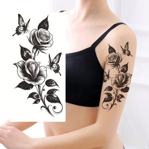Black Flowers Rose Butterfly Temporary Tattoos Peony Flower Leaf Black Hand Drawn Sketch Body Waist Arm Neck Leg Temporary Tattoo FSF6