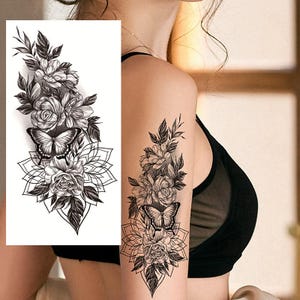 Tatuagens temporárias de flores, peônias e borboletas, flor de peônia, folha, desenho preto à mão, corpo, barriga, cintura, braço, pescoço, perna, tatuagem temporária FSF6