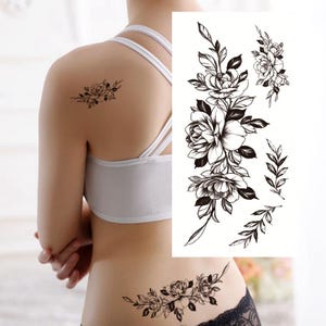 Tatuagens temporárias de galhos de folhas de peônia com flores pretas, esboço desenhado à mão de flor de peônia, corpo, cintura, braço, pescoço, perna, tatuagem temporária FSF6