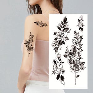 Tatuagens temporárias de flores pretas, peônia, folha de rosa, flor de peônia, esboço desenhado à mão, corpo, cintura, braço, pescoço, perna, tatuagem temporária FSF6