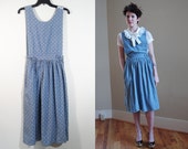 MOVING SALE Vintage Light Wash Denim Polka Dot Midi Jumper with Bows Dolly Kawaii Preppy Hipster Size Small