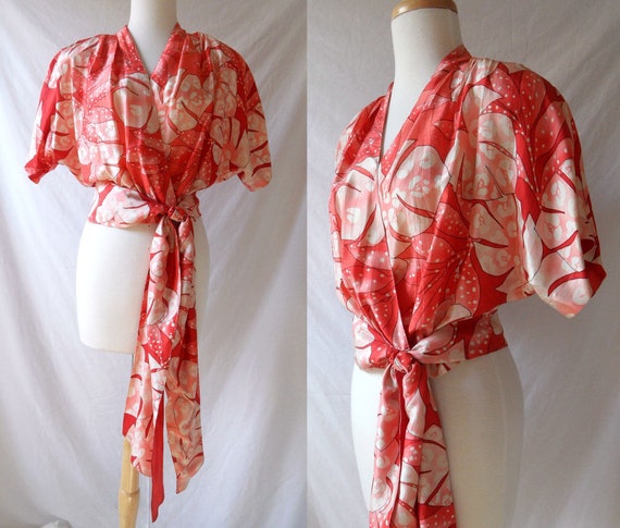 80s Orange Silk Tropical Print Cropped Wrap Blouse