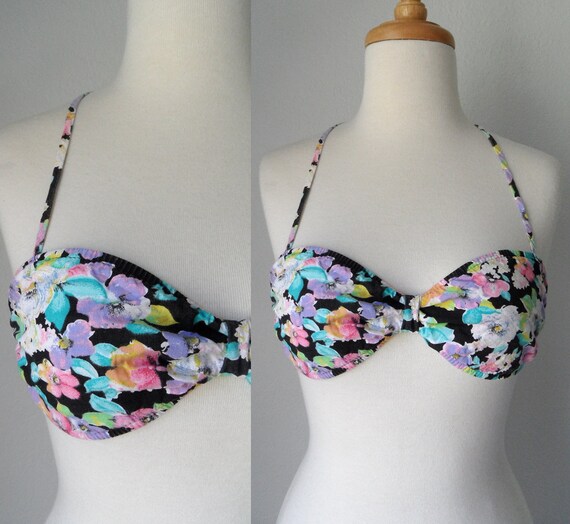 80s Neon Floral Print Bandeau Halter Bikini Top Hi