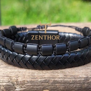 メンズレザーブレスレットセット – 編み込みレザー＆マットビーズの調節可能なブレスレット | Zenthorの男性向けギフト | 父の日ギフトブレスレット
