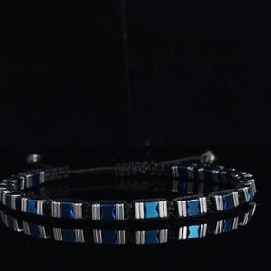 Blue Hematite Beaded Bracelet for Men – Zenthor Adjustable Macrame Bracelet – Stainless Steel Accents – Unisex Minimalist Gift for Him