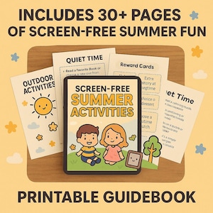 Atividades de verão sem tela para crianças | Guia para impressão com cartões de recompensa | Download digital com tema Kawaii