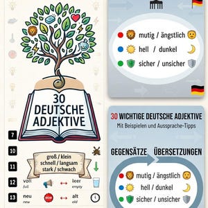 May include: An educational poster titled LERNEN. ÜBEN. WACHSEN. featuring a tree growing from an open book labelled 30 DEUTSCHE ADJEKTIVE. It includes lists of German adjectives with icons, antonyms, and translations, plus the text GEGENSÄTZE ÜBERSETZUNGEN.