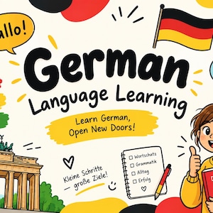 Pode incluir: Um cartaz educativo colorido para aprender alemão com o Portão de Brandemburgo, uma bandeira alemã e uma personagem de desenho animado segurando um livro intitulado Deutsch macht Spaß. O texto inclui Hallo, Alles klar e Kleine Schritte große Ziele.