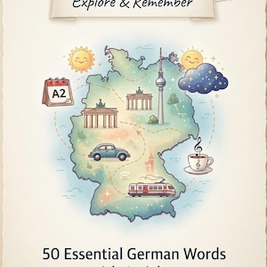 Puede incluir: Un póster educativo titulado A2 Vocabulary Explore & Remember que muestra un mapa de Alemania con ilustraciones de la Puerta de Brandeburgo, la torre de televisión de Berlín, un coche, un tren, una taza de café e iconos meteorológicos. El texto incluye 50 Essential German Words with Articles.