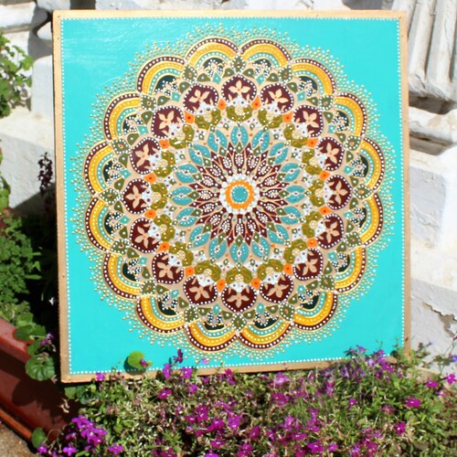 Persian mandala, Mediterranean mandala, bounty mandala, Moroccan shops mandala, turquoise, sun mandala,hand made, hand painted, ooak mandala