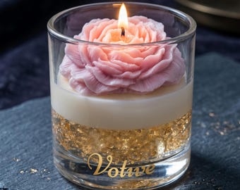 Bladgoudkaars, pioensojakaars in glazen pot, luxe bloemenkaars, elegant cadeau voor haar, decoratieve kaars, housewarmingcadeau voor haar