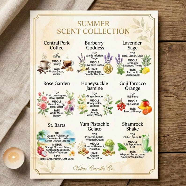 May include: A rectangular informational sign titled Summer Scent Collection featuring nine distinct fragrance profiles. Each section lists top, middle, and base notes with corresponding illustrations of coffee, flowers, fruits, and desserts.
