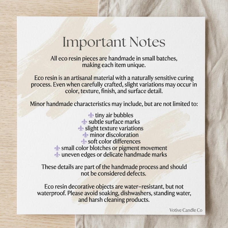 May include: A white card with the text "Important Notes" and details about eco resin products. The card lists handmade characteristics like air bubbles and color variations. The Votive Candle Co logo is in the bottom right corner.