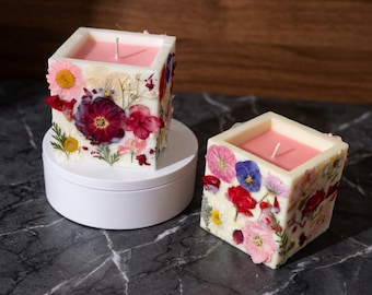 Kaars geperste bloemen – luxe botanische kaars – kaars met echte gedroogde bloemen – uniek cadeau voor haar – handgemaakte sojawas – jubileumcadeau