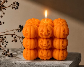 Jack O Lantern Candle, Pumpkin Cube Soy Wax Candle, Halloween Candle Decor, Fall Candle, Autumn Home Decor, Pumpkin Gift, Cute Spooky Decor