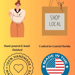 K&ouml;nnte beinhalten: Illustration mit Text: "Studio im Besitz einer Frau in Orlando", "Kleinserien, handwerklich hergestellt", "Shop Local", "Handgegossen & handveredelt" und "Hergestellt in Zentralflorida". Enth&auml;lt auch zwei runde Siegel.